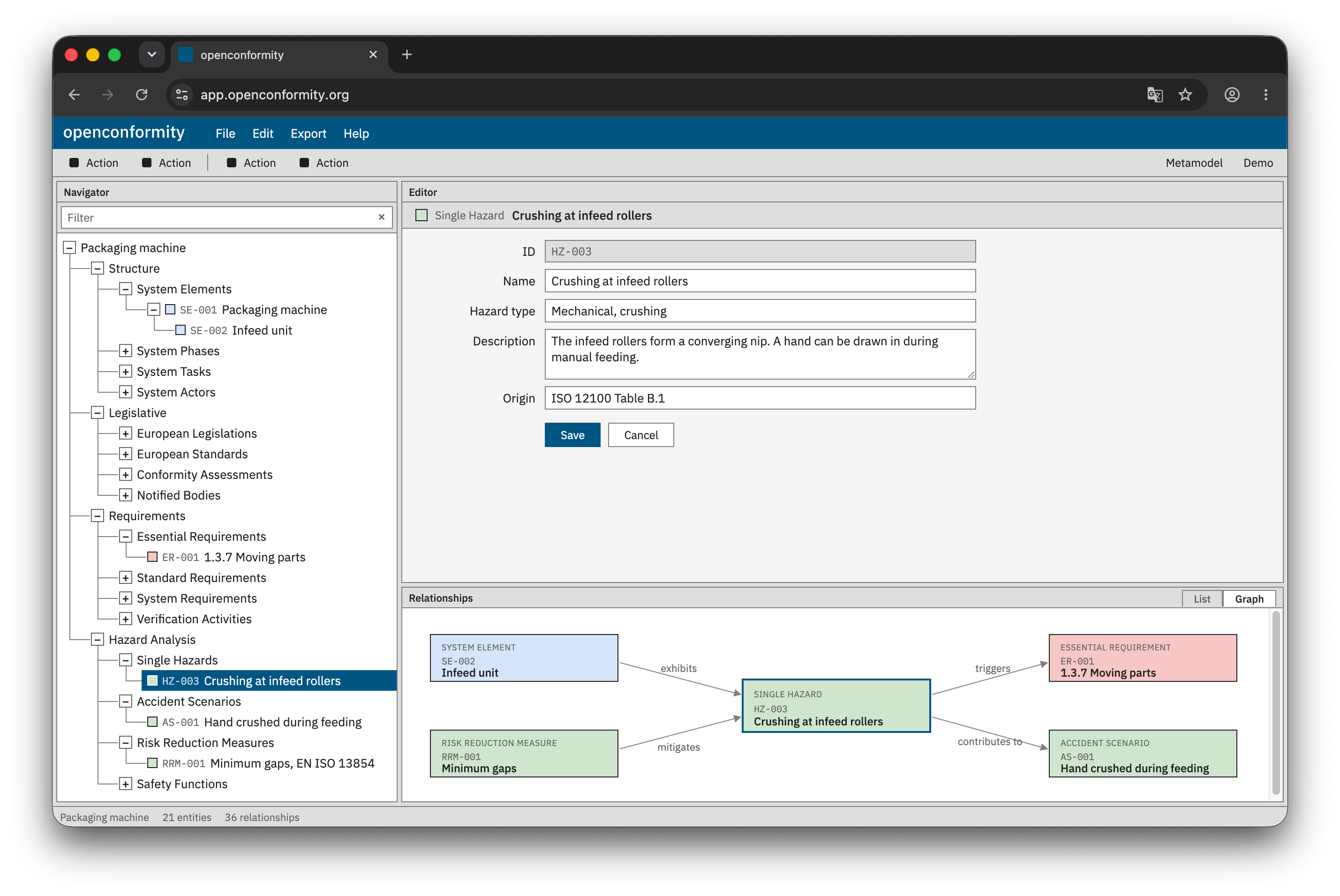The openconformity interface: a navigator on the left, an editor and a relationship pane on the right.
